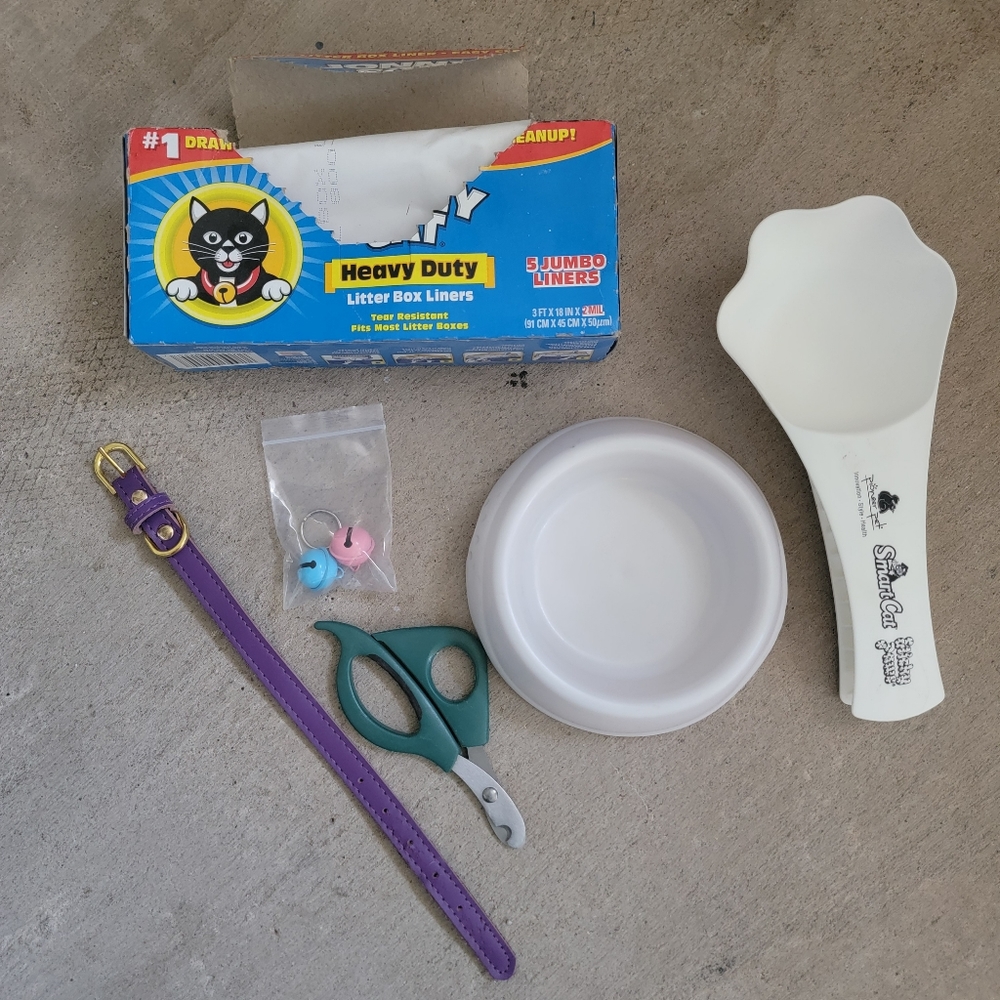 Cat Supplies:  Collar, Bells, Dish, Food Scoop, Nail Trimmer, Litter Liners